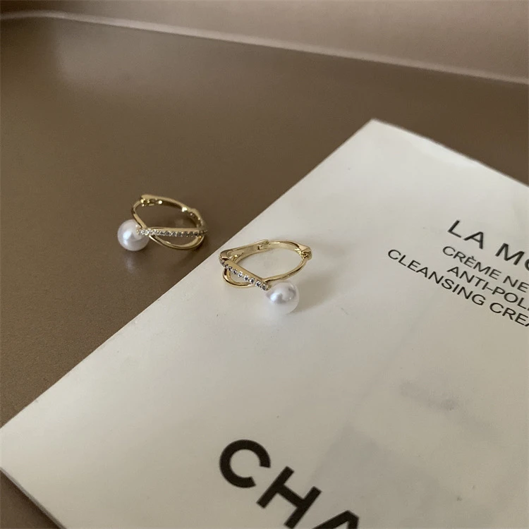 铜合金仿珍珠戒指 复古气质交叉珠珠耳扣百搭高级感