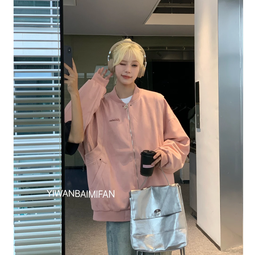 2023新款学生上衣女棒球服仿麂皮绒韩版宽松秋季百搭休闲外套男