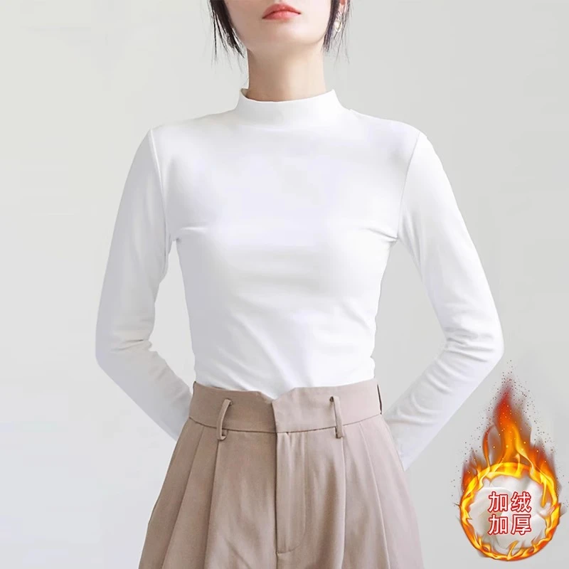 白色德绒半高领打底衫女秋冬修身加绒加厚2025新款秋冬高级感内搭