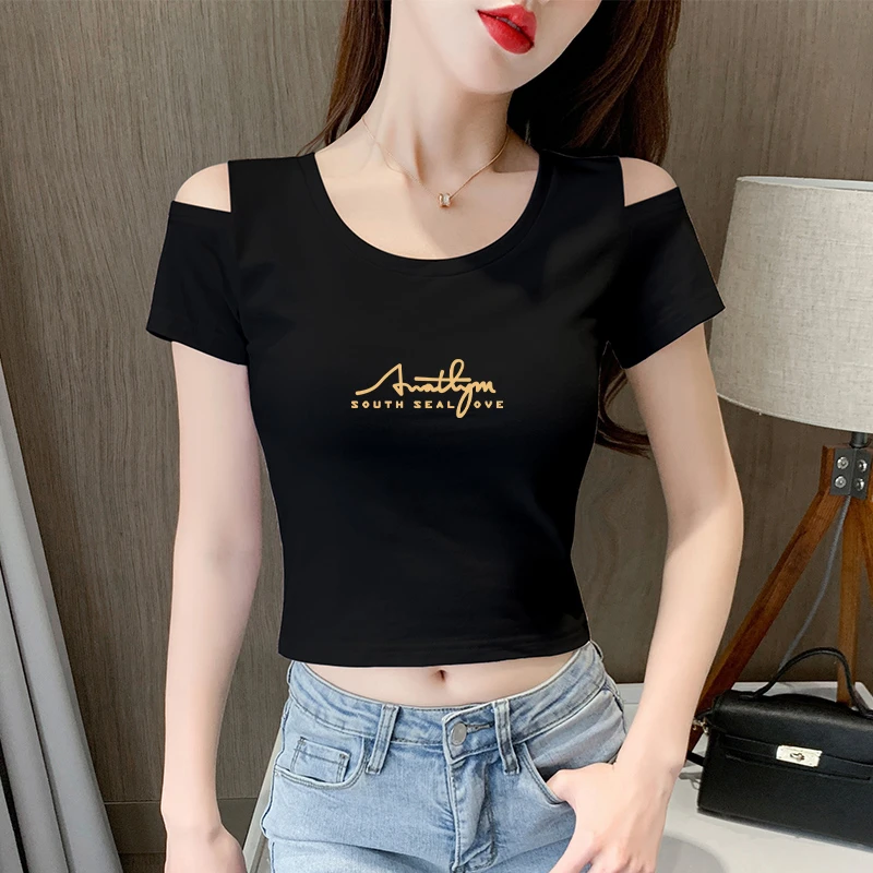 露肩t恤女短款修身短袖圆领夏季新款高腰露肚脐紧身上衣漏肩体恤