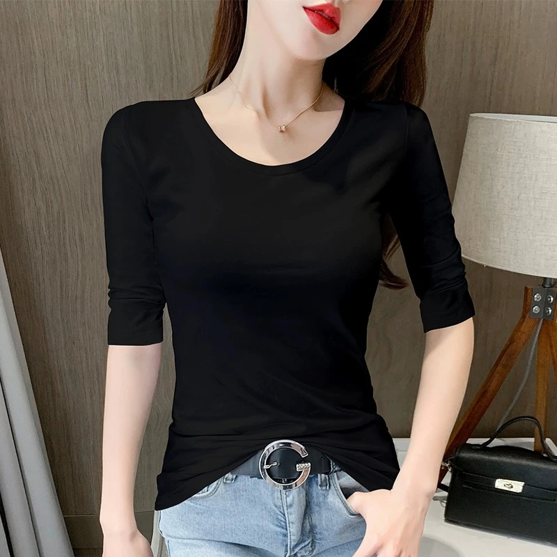 黑色纯棉t恤女五分袖上衣修身内搭打底衫圆领中袖体恤早秋季新款