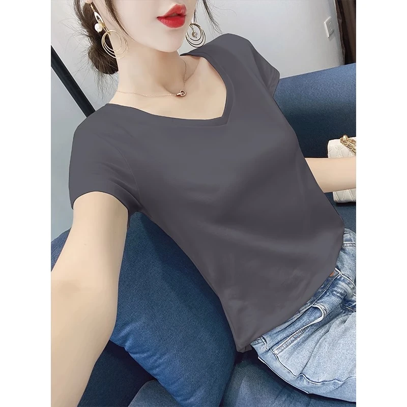 棉v领短袖t恤女夏设计感小众修身打底衫内搭2025年新款上衣