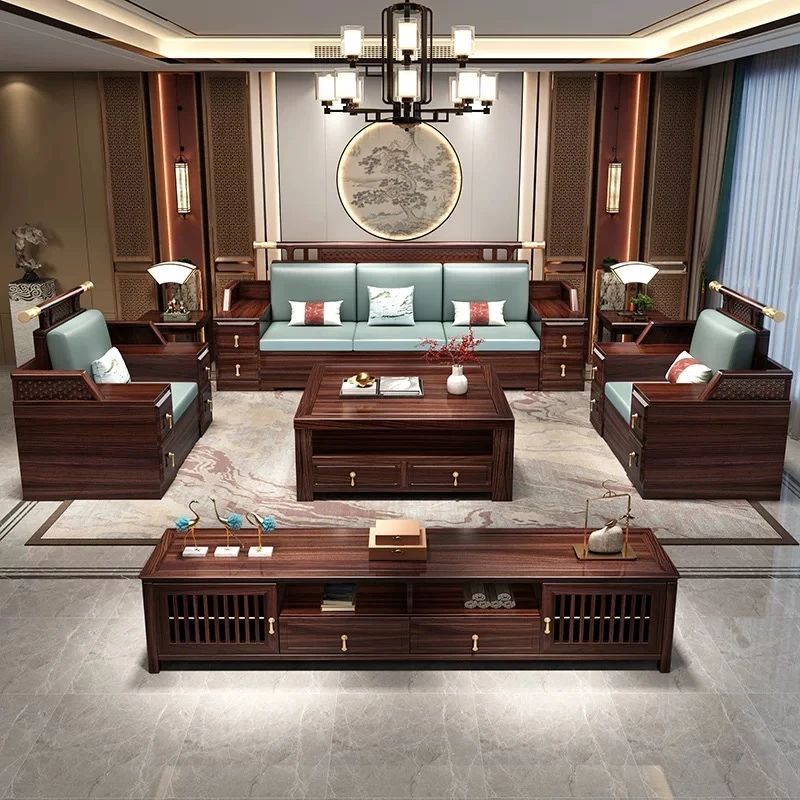 新中式乌金木实木沙发客厅木质冬夏两用家用现代简约全套储物家具