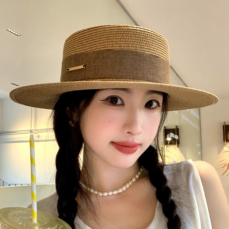 赫本风法式平顶草帽子女夏季海边度假沙滩帽日系防紫外线遮阳盆帽