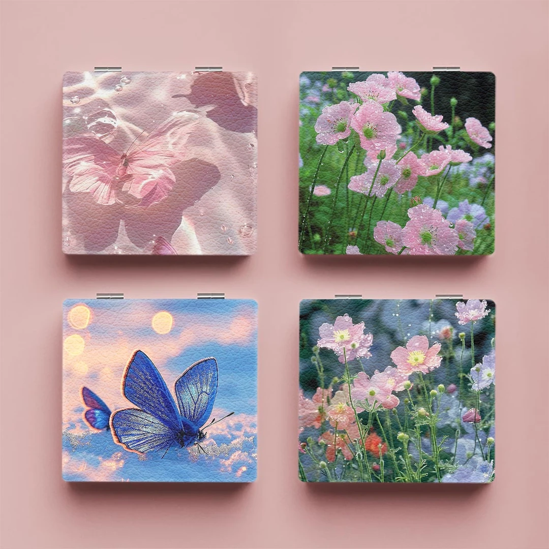 花儿蝴蝶便携化妆镜便携化妆镜女生可爱简约学生小镜子随身携带