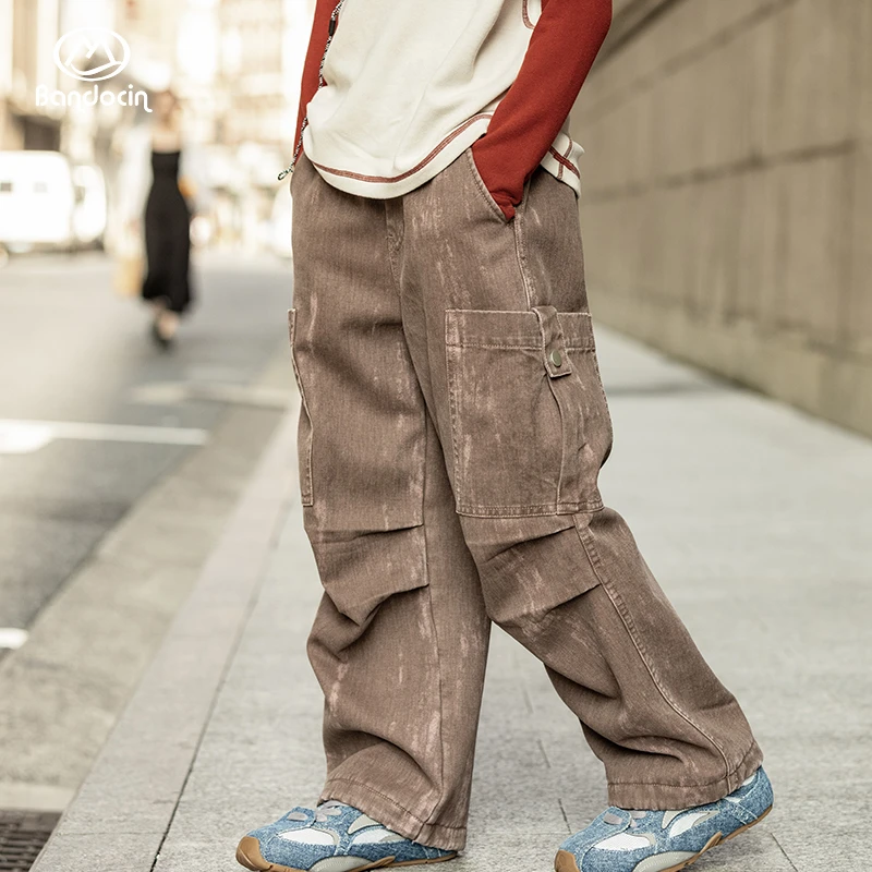 BANDOCIN潮牌大理石纹褶皱伞兵裤女童秋冬加绒复古直筒百搭休闲裤