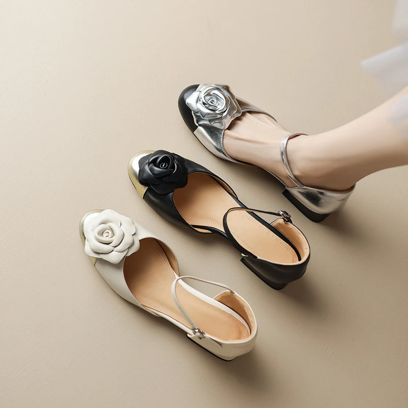 七棠山茶花包跟凉鞋夏季中跟百搭中空鞋法式拼色包头仙女凉鞋7776