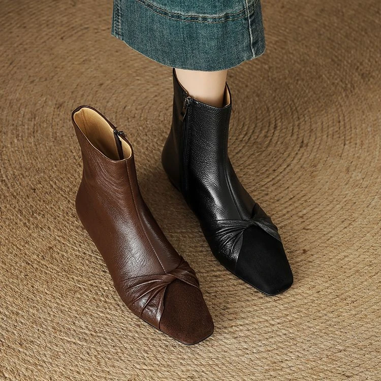 复古方头粗跟瘦瘦短靴子秋冬百搭真皮靴里外全皮短筒女靴春秋