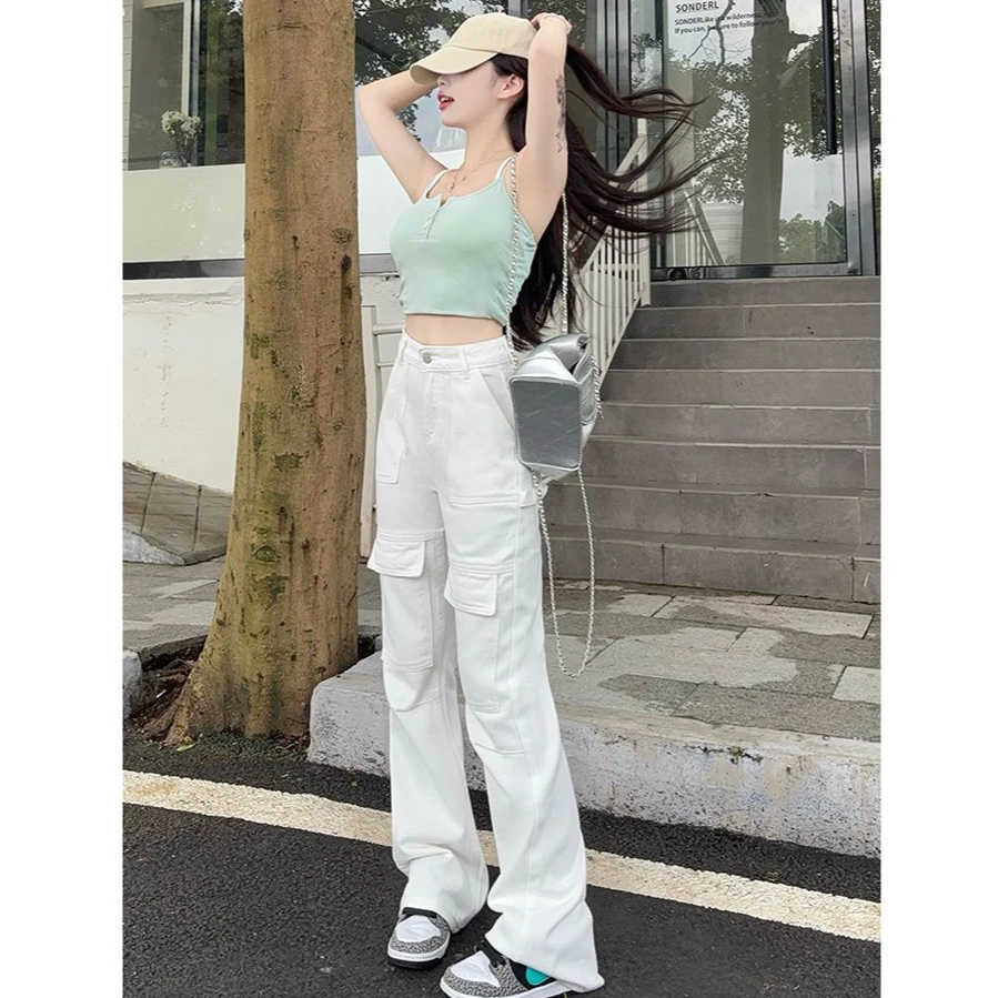 美式高腰工装裤工装白色2024秋季牛仔裤新款宽松直筒裤子拖地长裤