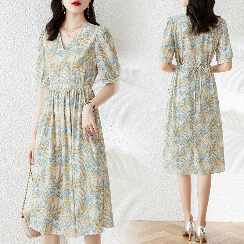 DD连衣裙女高档气质显瘦中长款碎花裙子V905