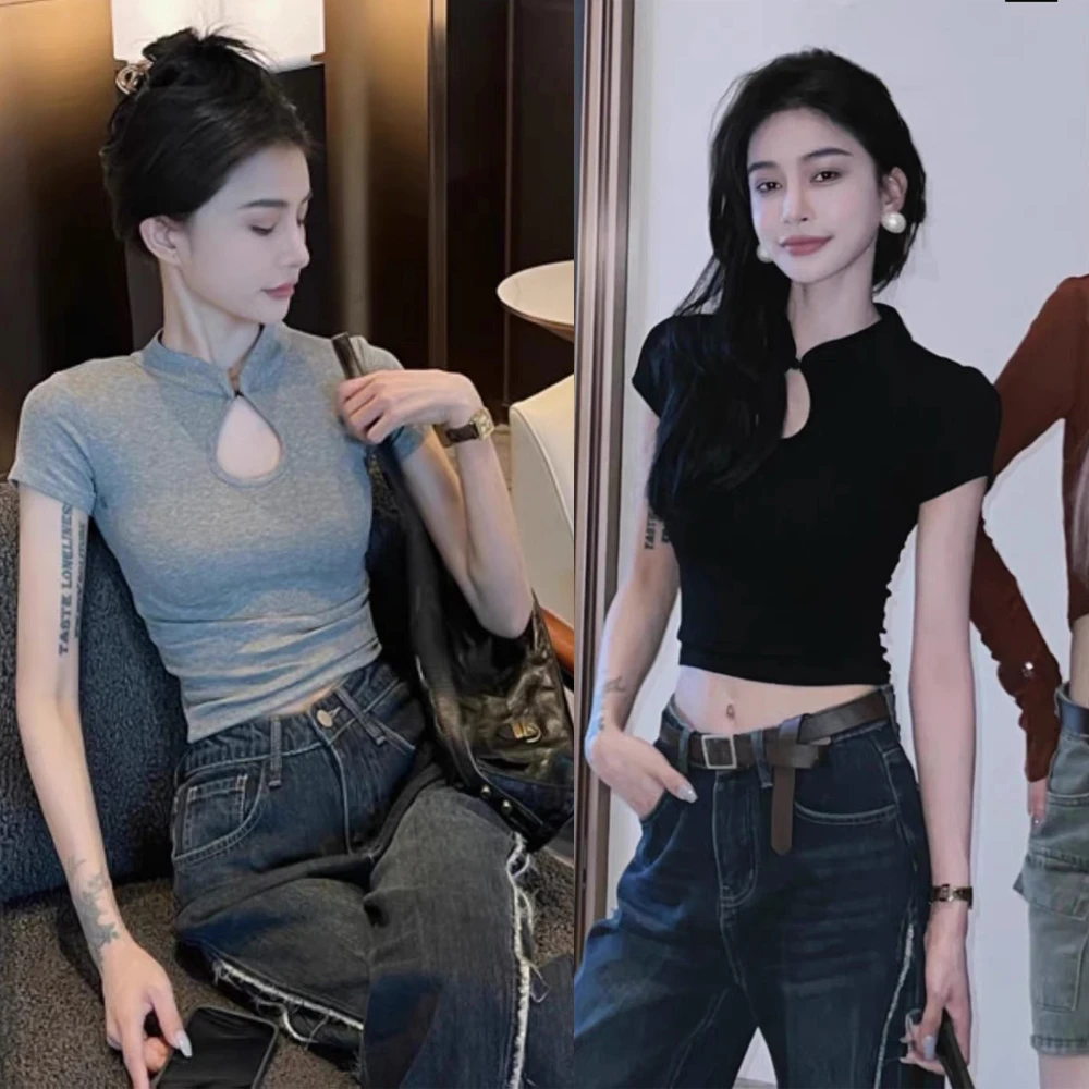 新中式立领旗袍短袖T恤女夏季设计感小众纯欲辣妹性感显胸大上衣