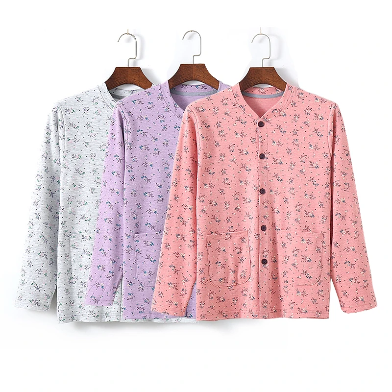 中老年女士棉质秋衣开衫对襟宽松口袋内衣系扣加肥加大码睡衣睡裤