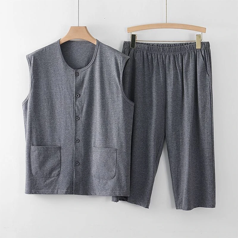 中老年纯棉系扣无袖背心汗衫七分裤套装宽松睡衣家居服夏季薄款