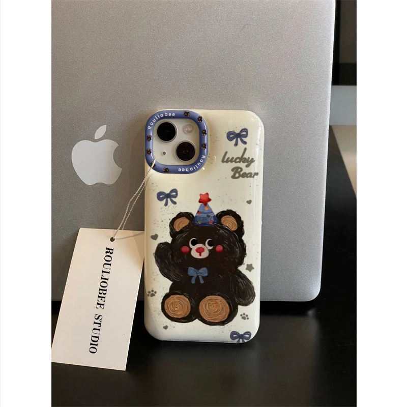 ins风生日棕熊面包壳苹果15手机壳iphone13/14promax防摔12卡通11
