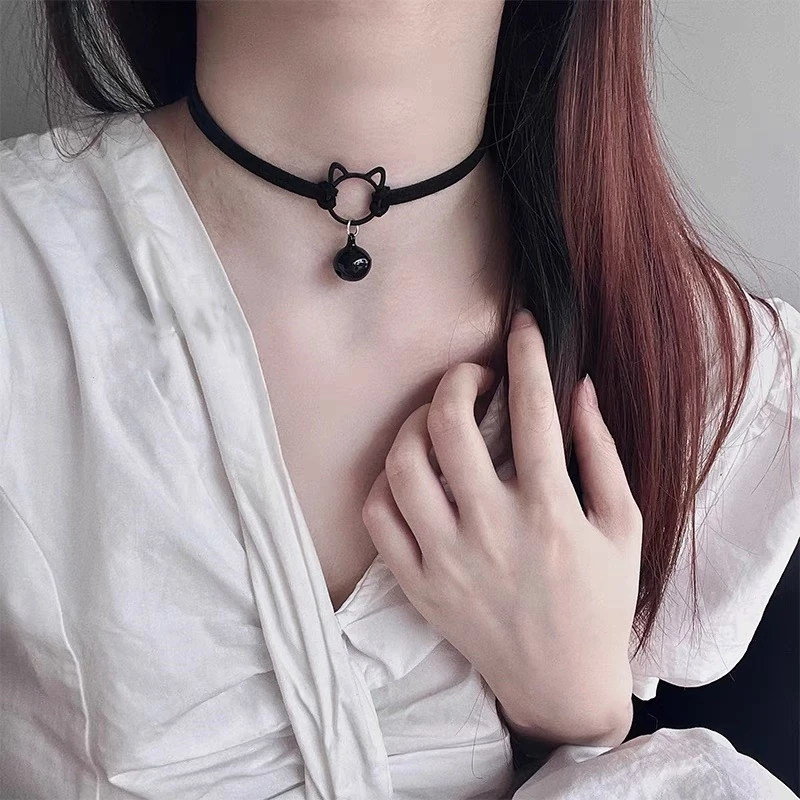 非金属布艺项链 时尚个性甜酷辣妹暗黑猫咪铃铛锁骨链颈带项链