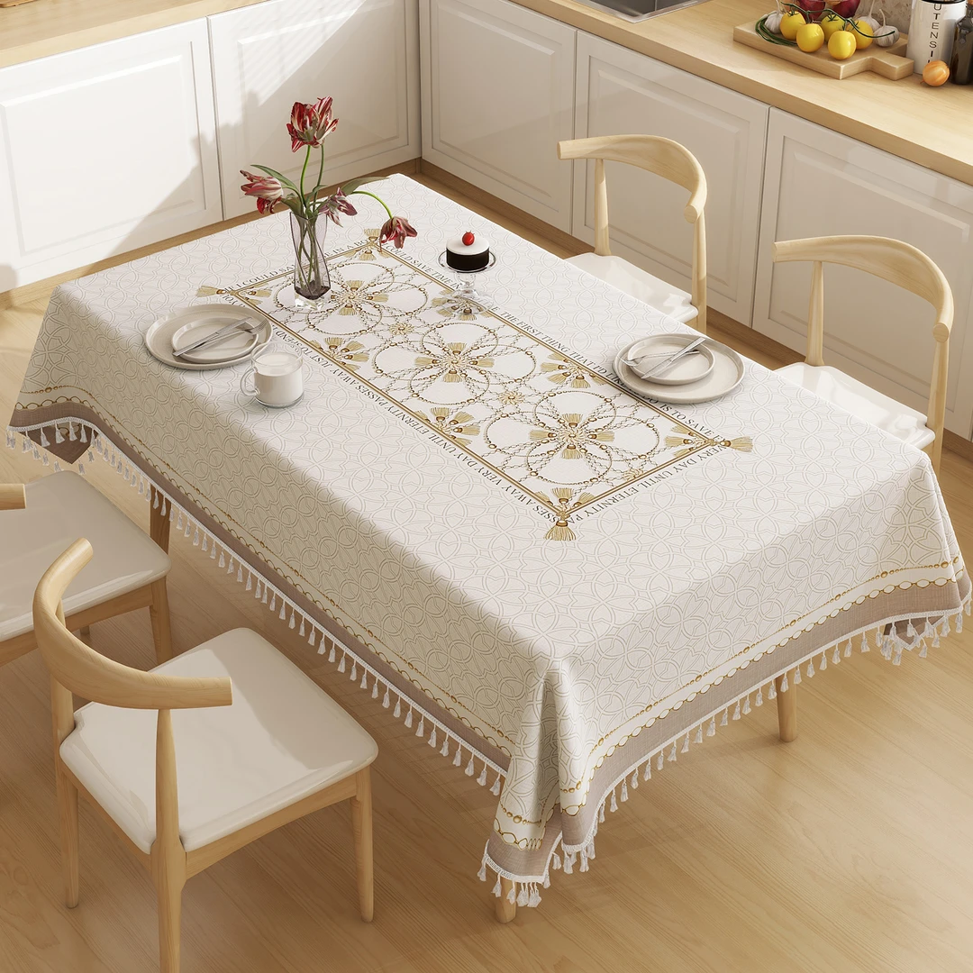 古韵梵花TPU防水流苏桌布防油免洗长方形餐桌茶几布台布