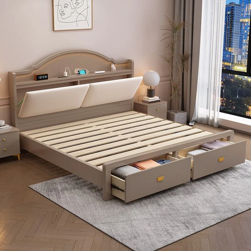 现代简约全实木床美式轻奢软包单双人主卧床气压高箱收纳储物婚床