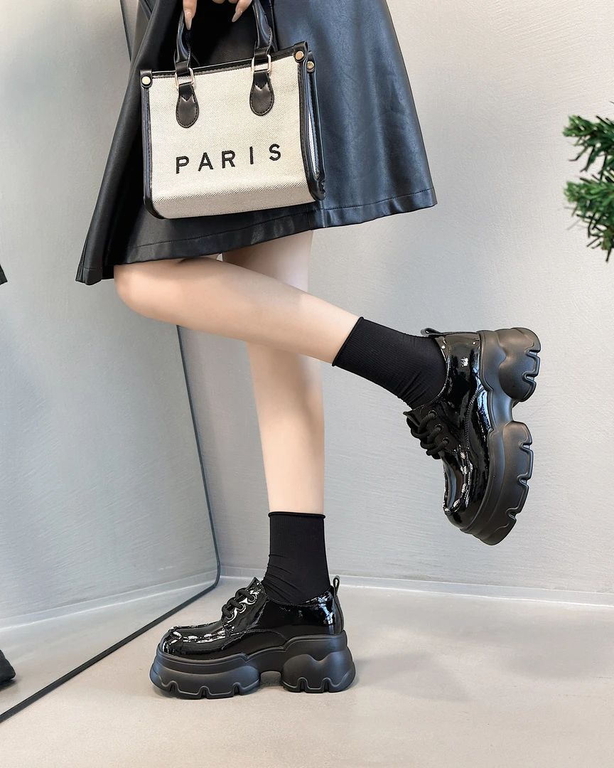 2371-9真皮2023冬季加绒厚底小个子增高小皮鞋圆头系带厚底乐福鞋