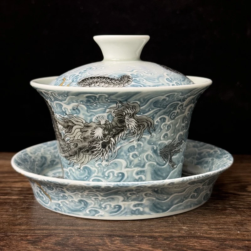 景德镇陶瓷粉彩瓷墨龙游海马蹄三才盖碗龙纹瓷盖碗中式高端茶器