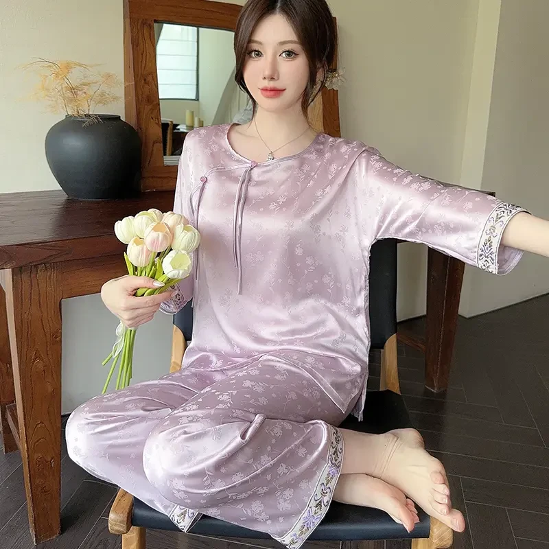 紫色冰丝国风睡衣女薄款秋季新中式复古提花可外穿大码长款家居服