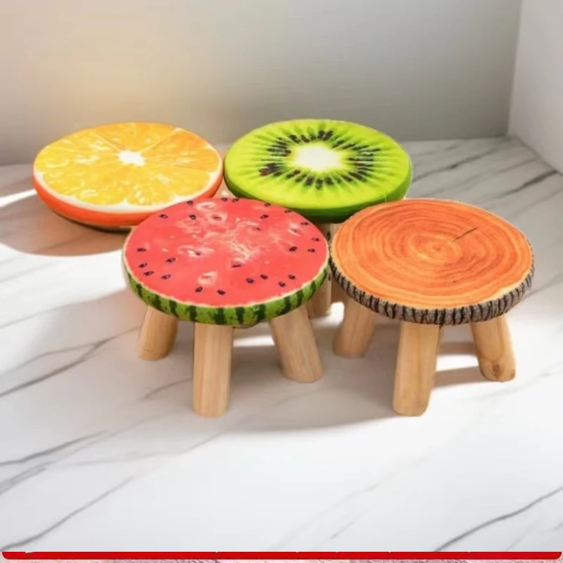 家用小凳子实木卡通图案圆凳可拆洗儿童小板凳软坐客厅矮款换鞋凳