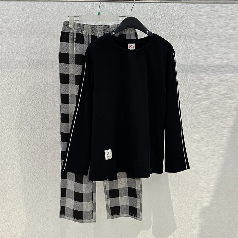 J054【工厂直销】男士家居服针织圆领套头长袖简约家居服睡衣套装