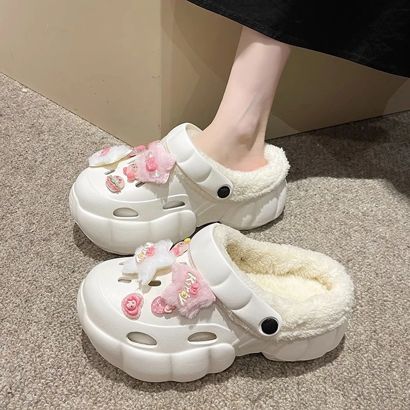 卡通棉拖鞋女冬季厚底防滑洞洞鞋女外穿网红沙滩软底包头半拖