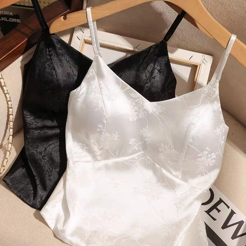 高级感新中式醋酸缎面新款胸垫吊带背心打底提花西装辣妹上衣女潮