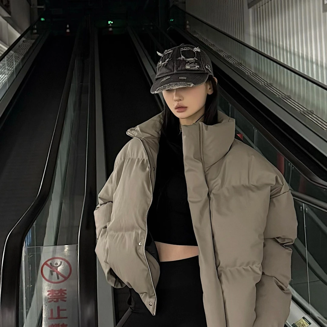 MaoQiaoYi个性立领短款pu皮棉服宽松时尚休闲百搭情侣潮流保暖【J】