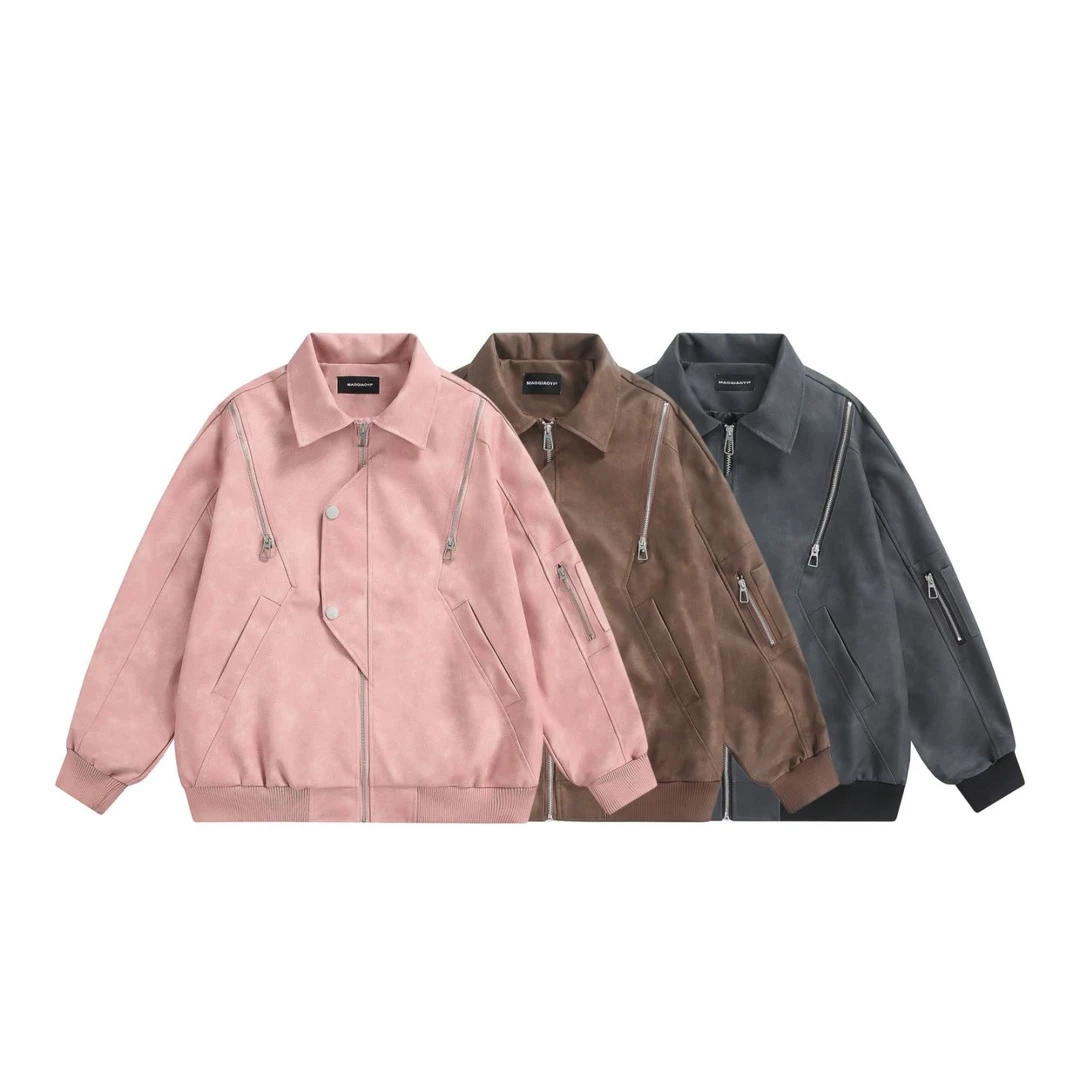 MaoQiaoYi复古短款皮衣pu皮夹克男女春秋休闲情侣防风【L】J24016-1