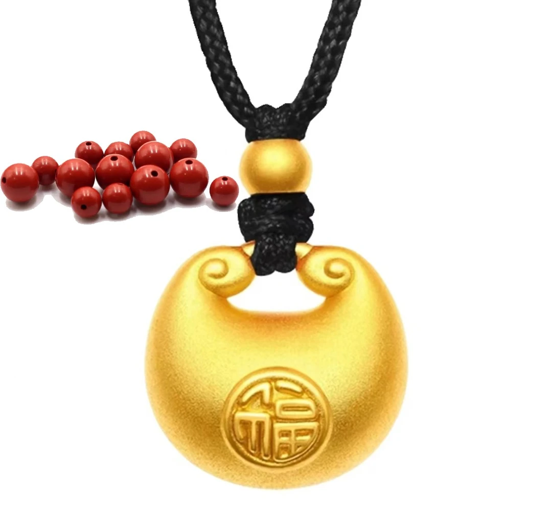中熙黄金 天然辰砂中熙黄金4m圆珠配足金999胖福吊坠