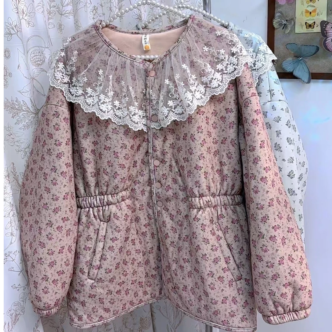 冬季加厚时尚蕾丝花边领碎花收腰小棉衣家居服加绒秋冬