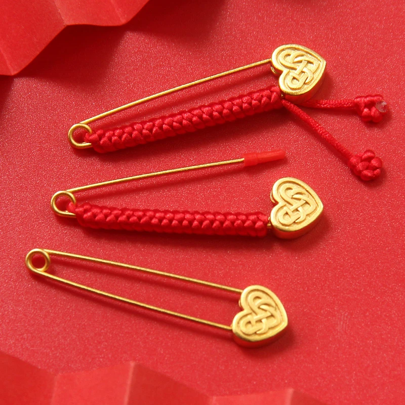 婴儿童宝宝安全别针平安挂件手工红绳编织配饰孕妇黄金色胸针固定