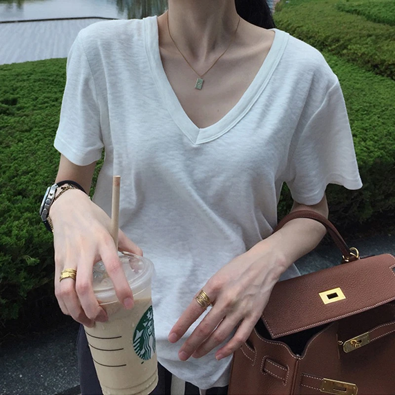 大领口t恤女竹节棉短袖v领上衣夏季薄款纯色宽松韩版纯棉打底体恤
