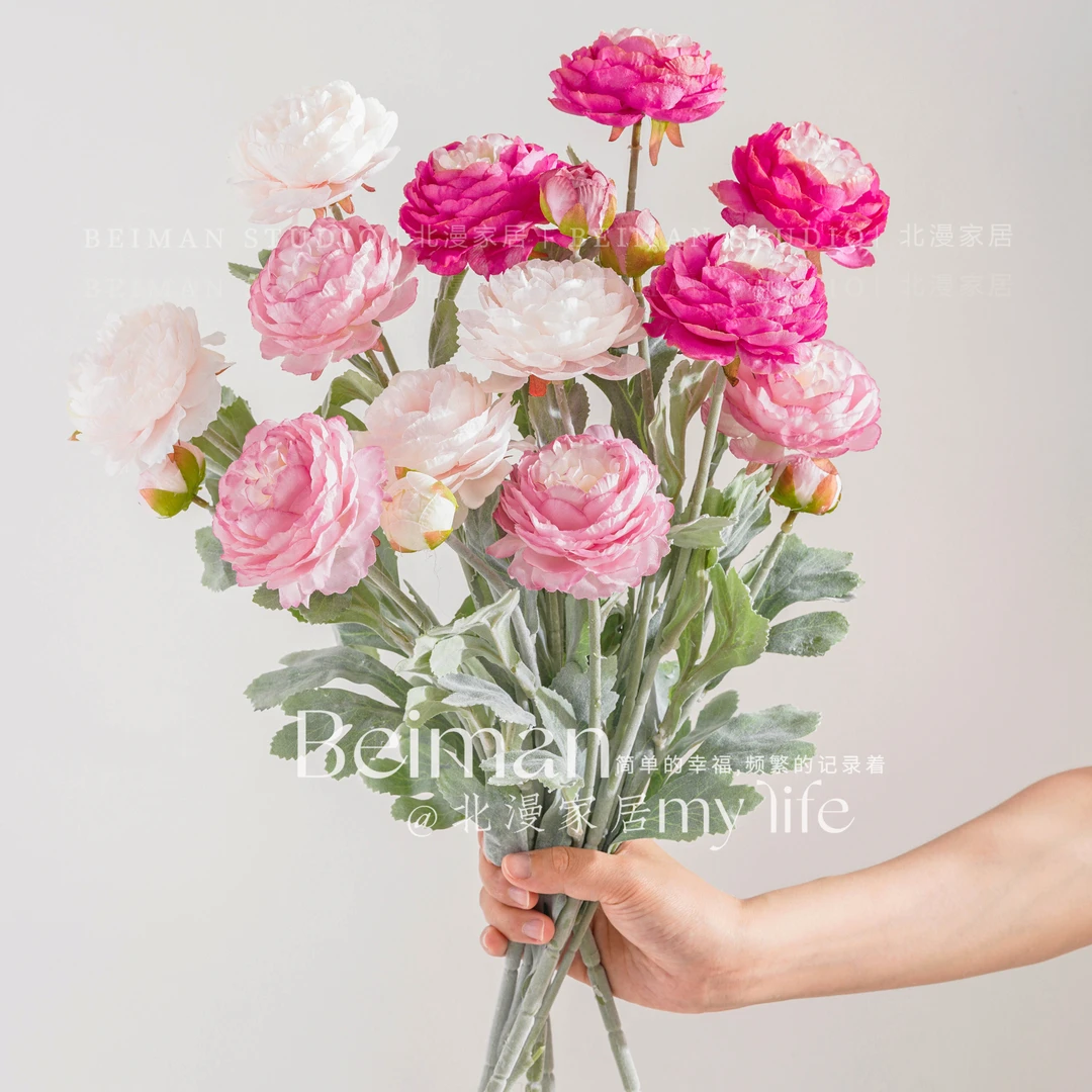 【老板娘专属】仿真花植绒3头法式露莲洋牡丹室内装饰摆件假花仿真