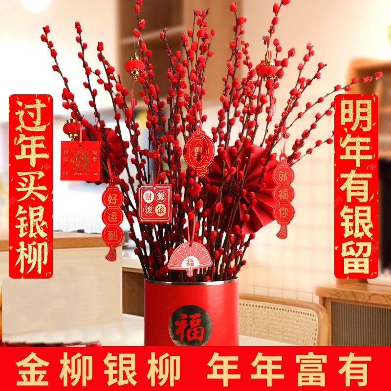 招财银柳干花真花鲜枝水培植物红色银柳年宵花卉福桶客厅室内装饰