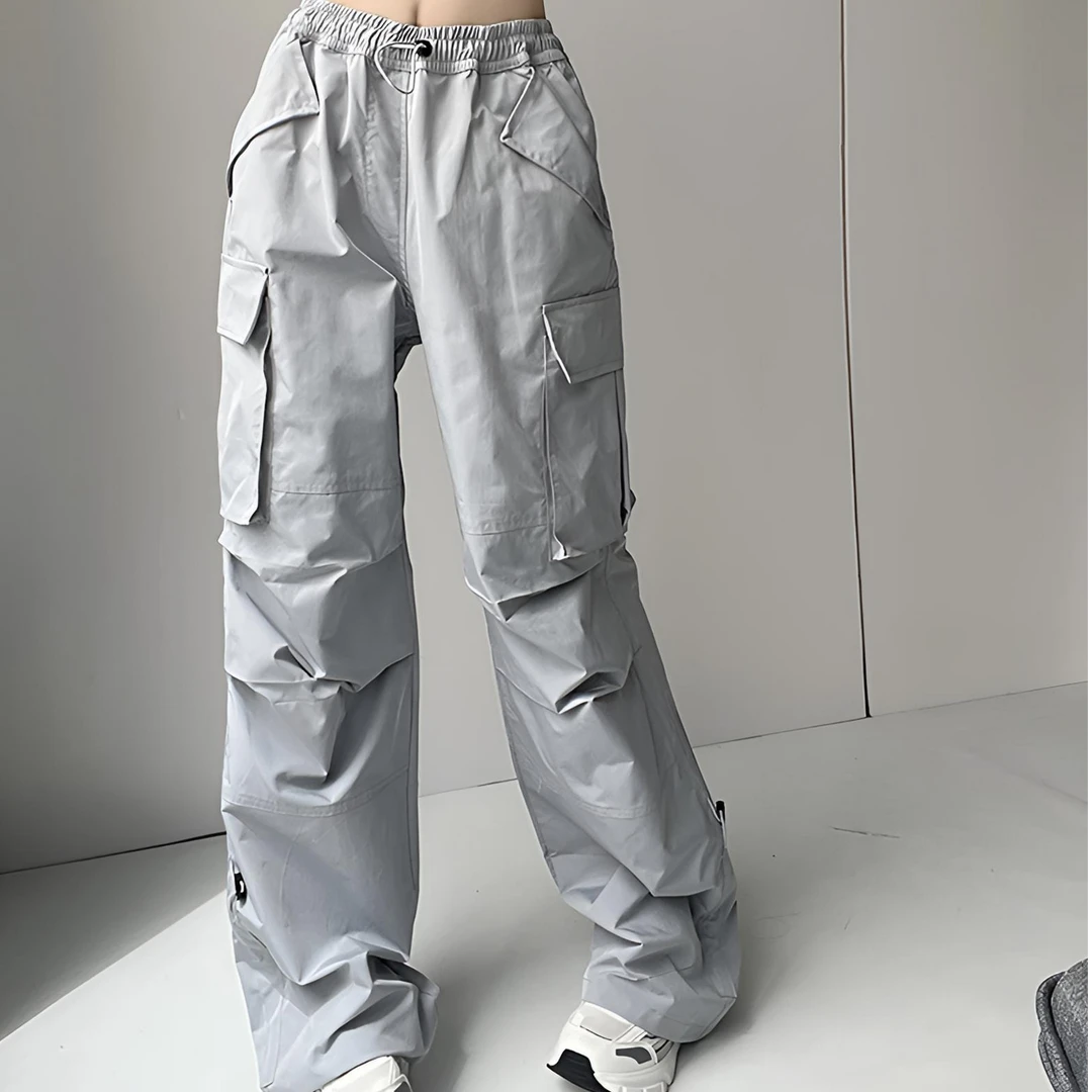 美式复古工装裤女宽松双口袋束脚夏秋季小众抽绳直筒阔腿休闲裤子