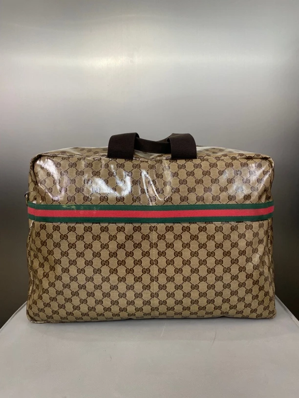 95新 GUCCI/古驰 水晶pvc棕花红绿条纹旅行袋健身包zp044