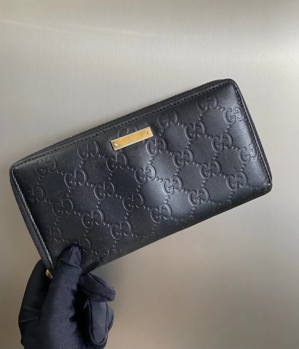 95新 GUCCI/古驰 古驰双g logo全皮压花男士钱夹钱包