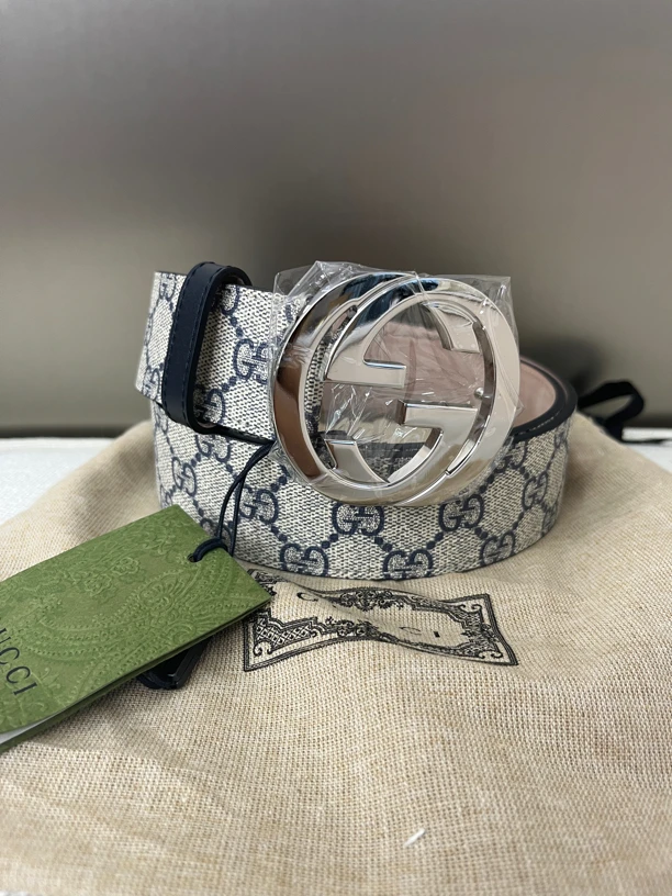 99新 GUCCI/古驰 男士双G蓝色logo皮带腰带