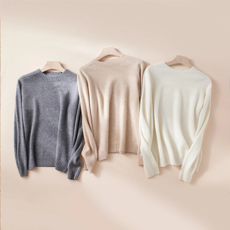 羊毛针织衫女圆领一体纯色宽松慵懒套头毛衣女针织羊绒衫打底秋冬