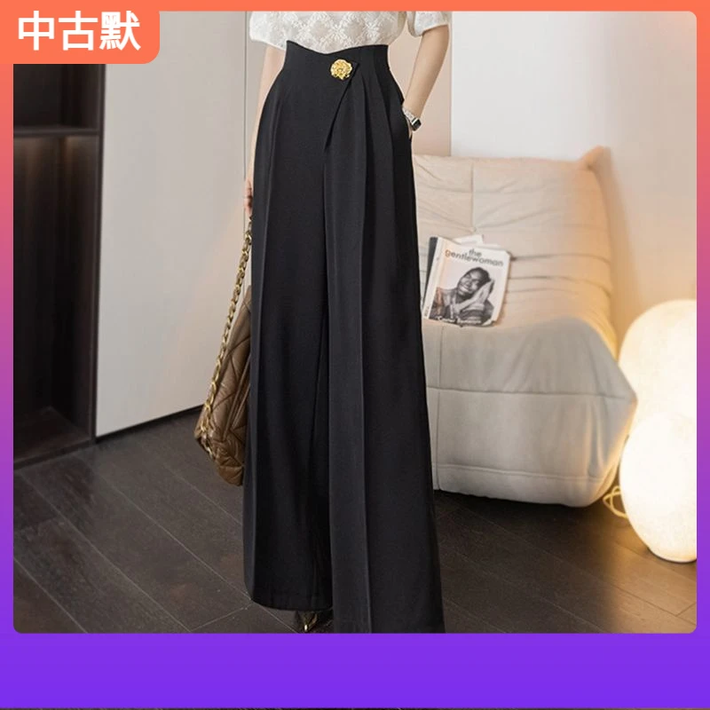 1西装阔腿裤垂坠感新中式装饰扣质感高腰直筒裤梨形身材粗简约款