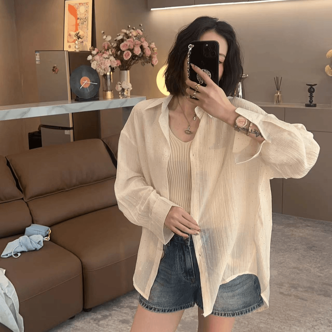 ANNI · Ani-A947 夏季新款竖条设计感闪钻慵懒风衬衫