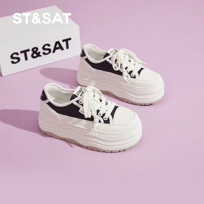 星期六厚底小白鞋女2024秋季新款软皮休闲女鞋轻便小个子松糕板鞋