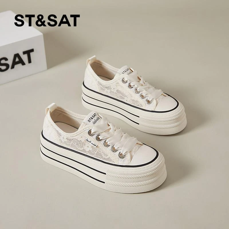 St&Sat/星期六2024夏季薄款网面蕾丝小白鞋内增高网鞋休闲帆布鞋