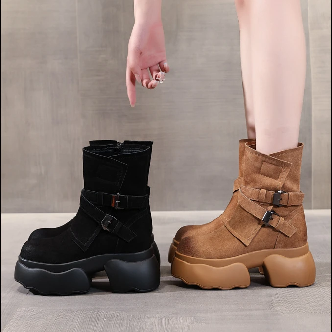 内增高厚底皮带扣马丁靴女2024秋冬新款复古风休闲短靴