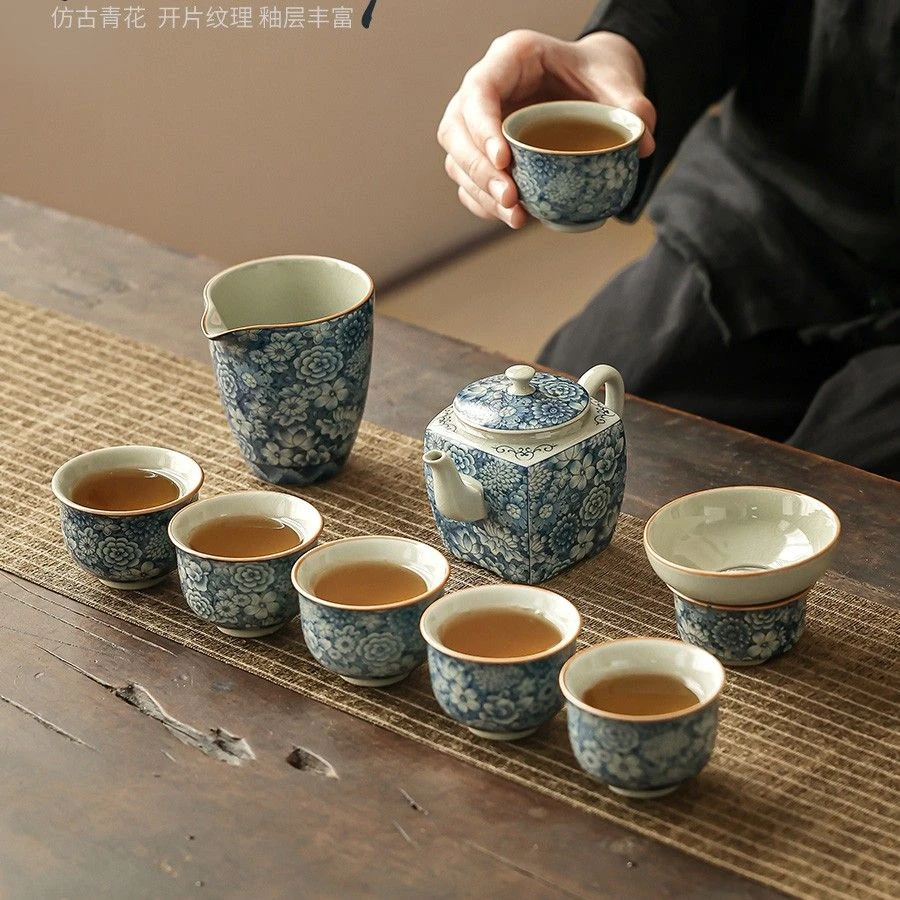 老陶泥青花功夫创意茶具套装开片茶壶专用高档会主人杯客喝茶家用