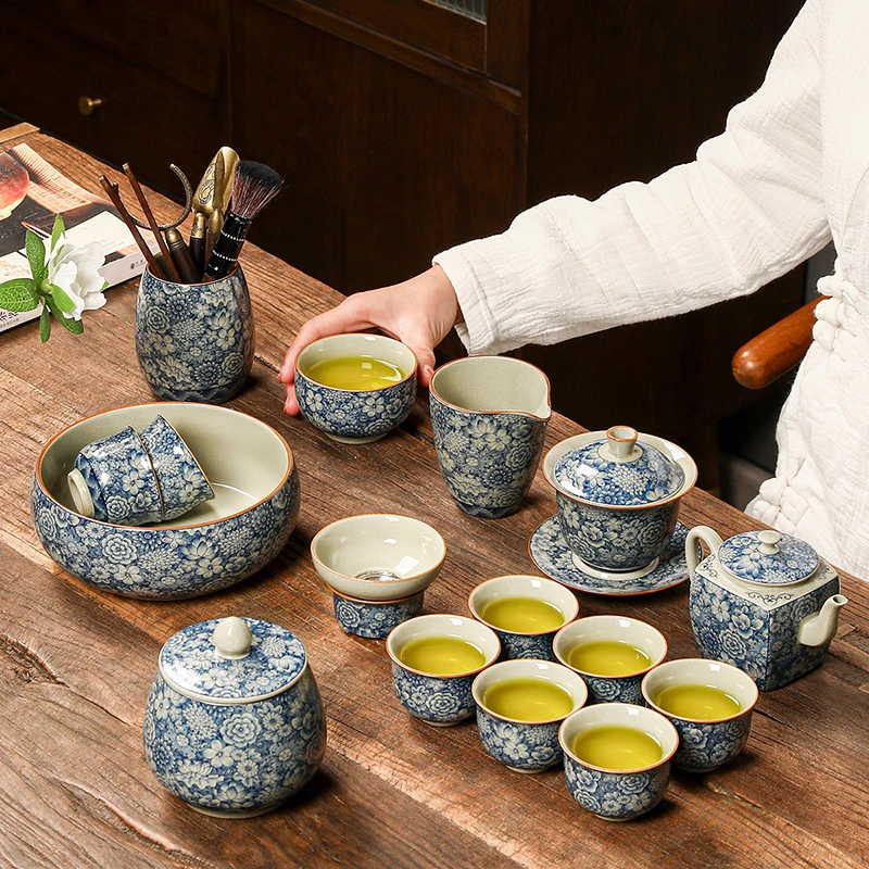 老套泥青花老陶泥汝窑功夫茶具套装家用泡茶壶盖碗茶杯整套礼盒装