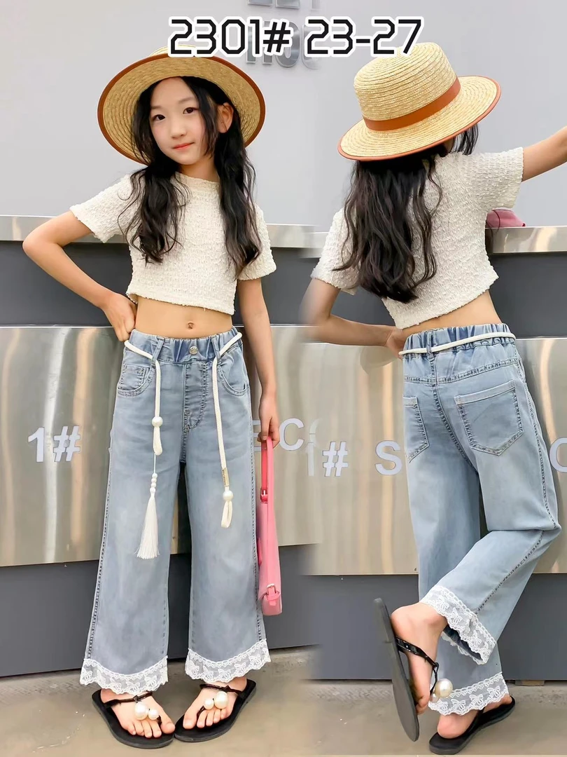 309女童夏季薄款高腰直筒拖地牛仔裤休闲百搭显瘦中大童破洞宽松