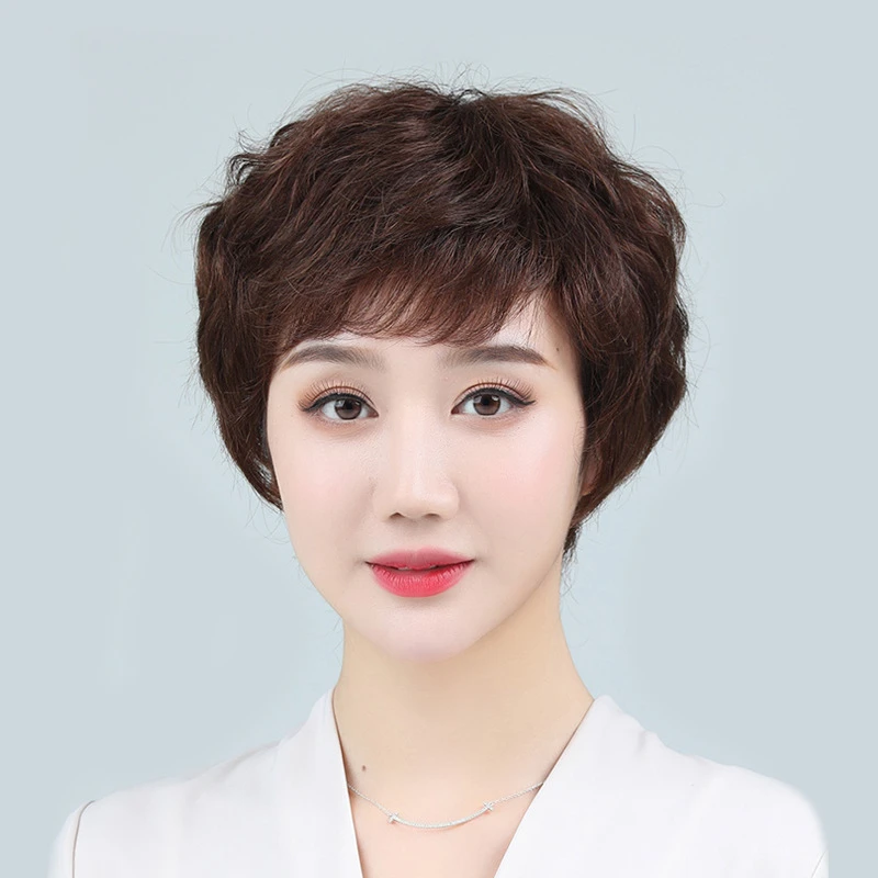 水波纹时尚中老年假发女短发烫发许昌盖白发全手织妈妈真发全透气